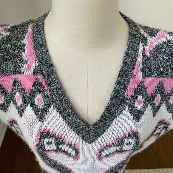 Vintage 80s Jolie Flamingo Pink Grey White Sweater Vest M - Picture 6 of 8